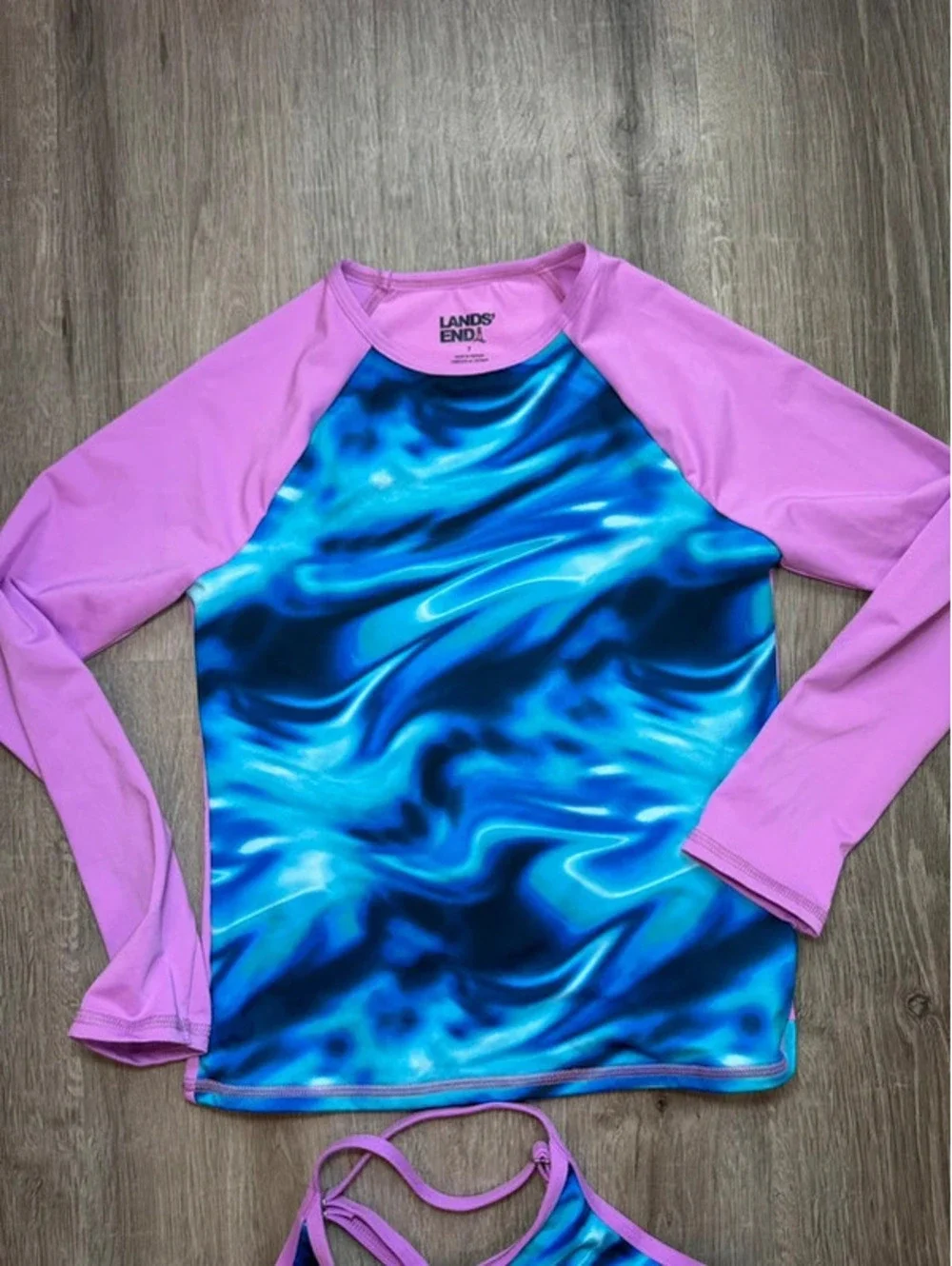 Lands' End Girl’s Three-Piece Rash Guard Swim Set - Blue and Pink, Size 7